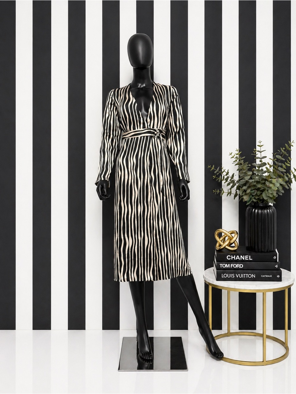 Mango Black and Cream Vertical Stripe Wrap Midi Dress
